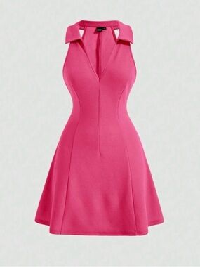 SHEIN Fuchsia Sleeveless V-Neck Mini Dress with Collar